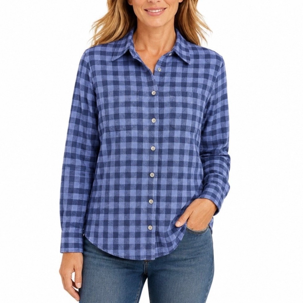 LL Bean Blue Plaid Brushed Cotton Flannel Shirt Medium Petite MP Button Up